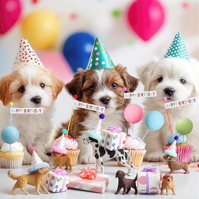 Weysat 37 Pcs Dog Birthday Party Decorations, Puppy Cake Cupcake Toppers with Mini Hats Miniature Flags Gift Boxes Balls Figure Models for Dog Puppy Themed Party Supplies for Adults