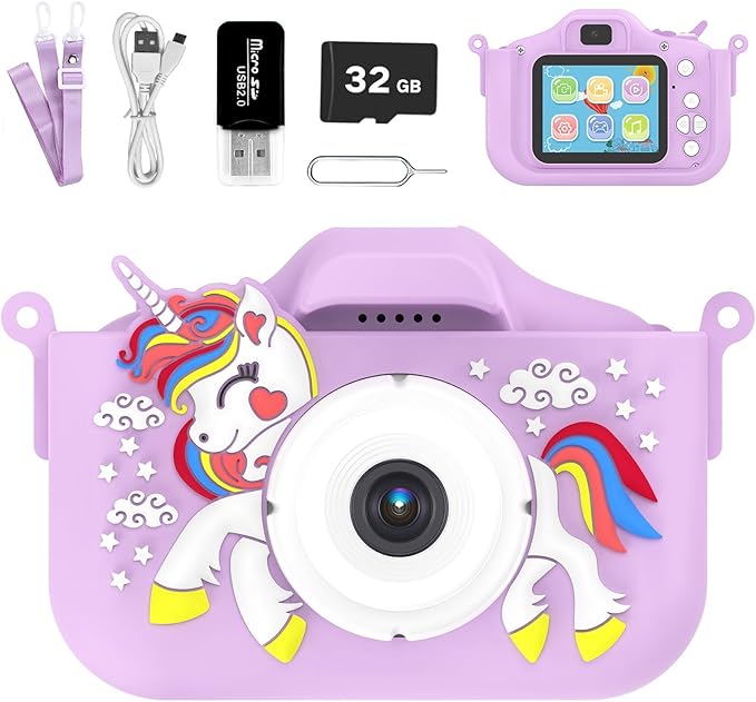 Kids Camera for 3-9 Year Old Boys Girls, Children Digital Camera with Cute Cartoon Soft Cover & 32GB SD Card, Best Christmas Birthday Gifts for Grandkids, Halloween Party Favors for Kids - Purple
