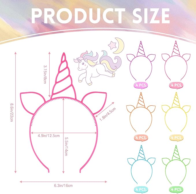24 Pcs Unicorn Headbands Unicorn Birthday Party Favors,Plastic Hairbands for Girls,Headware Accessories for Party Supplies Gift,Teens Toddlers Children