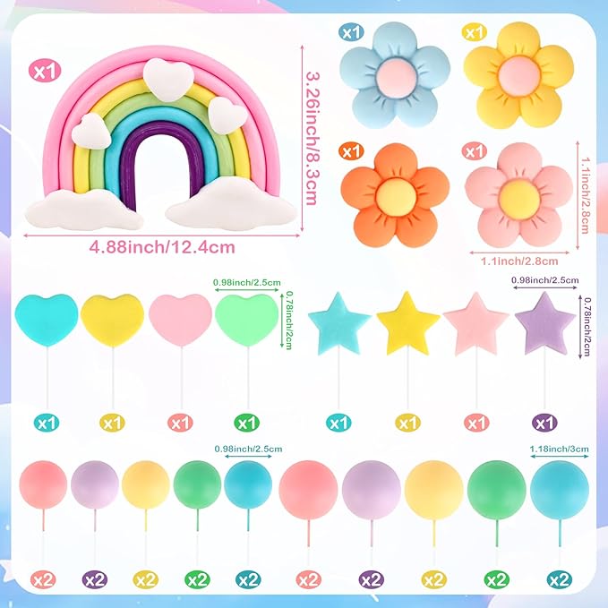 Hooqict 33 PCS Rainbow Cake Topper with Daisy Flower Pastel Balls Boho Rainbow Cake Decorations for Wedding Girls Boys Groovy Hippie Birthday Party Decorations Supplies