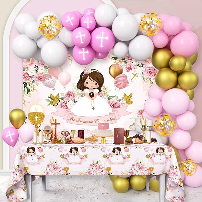 Mi Primera Comunión Decorations for Girls, 90 Pcs Baptism Theme Balloons Mi Primera Comunión Pink Backdrop First Holy Communion Decorations God Bless Baptism Theme Party Supplies