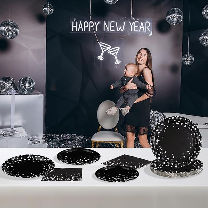 Grencian 96Pcs Black and Silver Party Decorations White Silver Dot on Black Paper Plates Disposable Birthday Paper Tableware Set for Birthday Retirement Wedding Party Supplies, Serve 24
