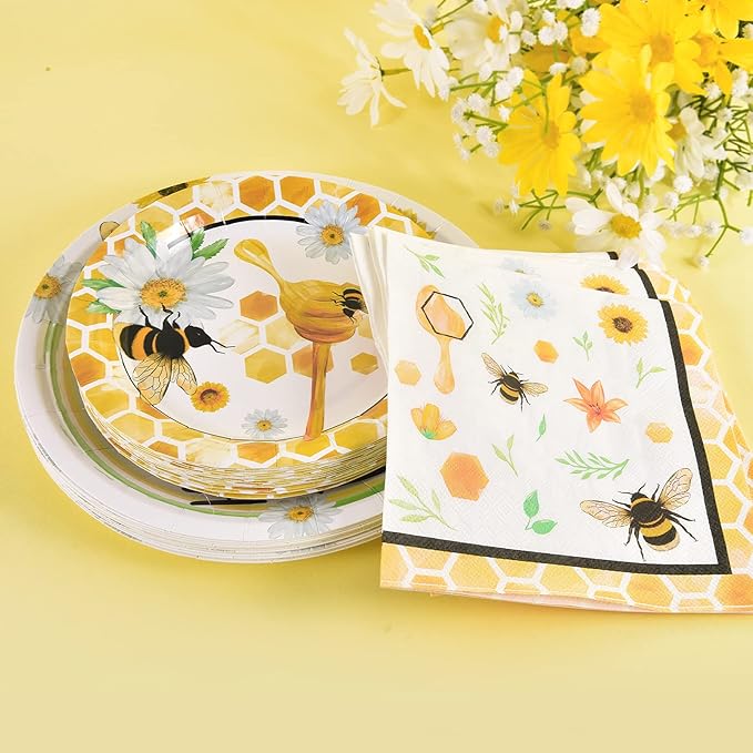 WERNNSAI Bee Plates and Napkins - 48 PCS Happy Bee Day Party Supplies for Kids HoneyBee Party Tableware Set Dinner Dessert Cake Plates Lunch Napkins Serves 16 Guests