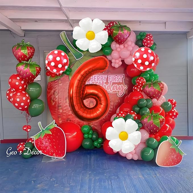 Strawberry Balloons Sixth Birthday Decorations for Girl, 40 Inch Mylar Red Number 6 Balloons, Strawberry Balloon for Strawberry Party Decorations, Strawberry Birthday Decorations