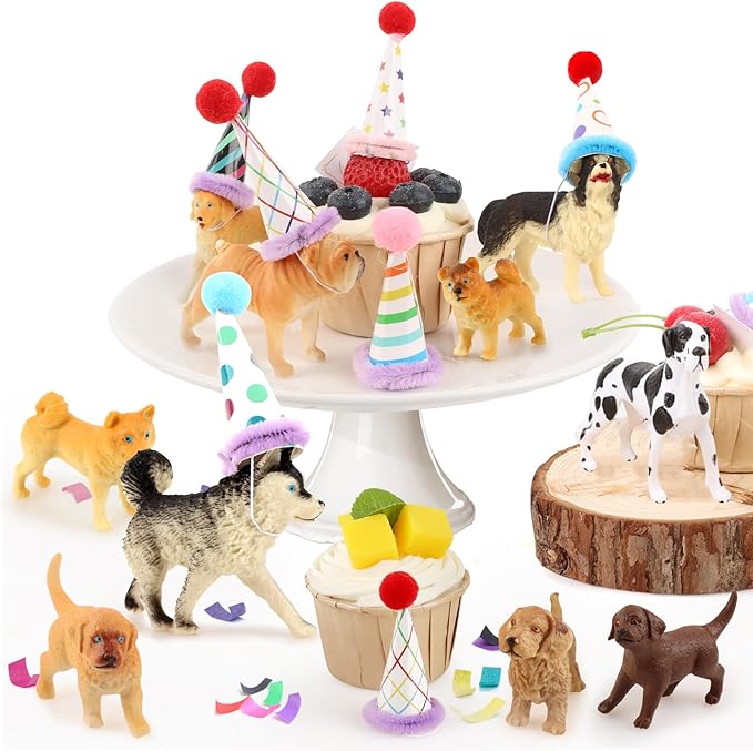 Hooqict 20Pcs Dog Cake Topper Animals Figures with Mini Party Hats Dog Birthday Cake Decorations Cupcake Toppers for Puppy Themed Birthday Party Decorations