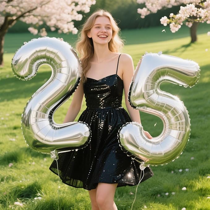 40 Inch Silver Number 25 Digital Balloon,Jumbo Mylar Foil Helium Balloon for 25 Balloons for Birthday Party,Wedding Anniversary Party Decorations