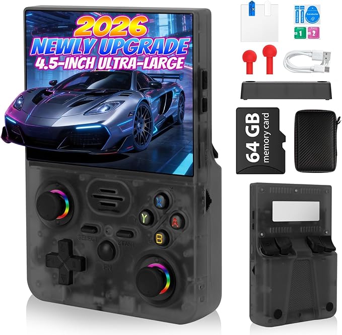 2026 NEW Upgrade RF45V Retro Handheld Game Console - 4.5 Inch Ultra-Large Screen,Support 18000+Classic Games,64G TF Card,4000mAh Battery,Linux System,Birthday Gift for Adult or Friends-Black