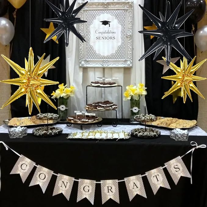 TONIFUL 8 Pcs Black Gold Star Foil Balloons Large Explosion Star Mylar Decorations for Party Backdrop Christmas New Year Birthday Wedding Baby Shower Anniversary Photo Booth Supplies