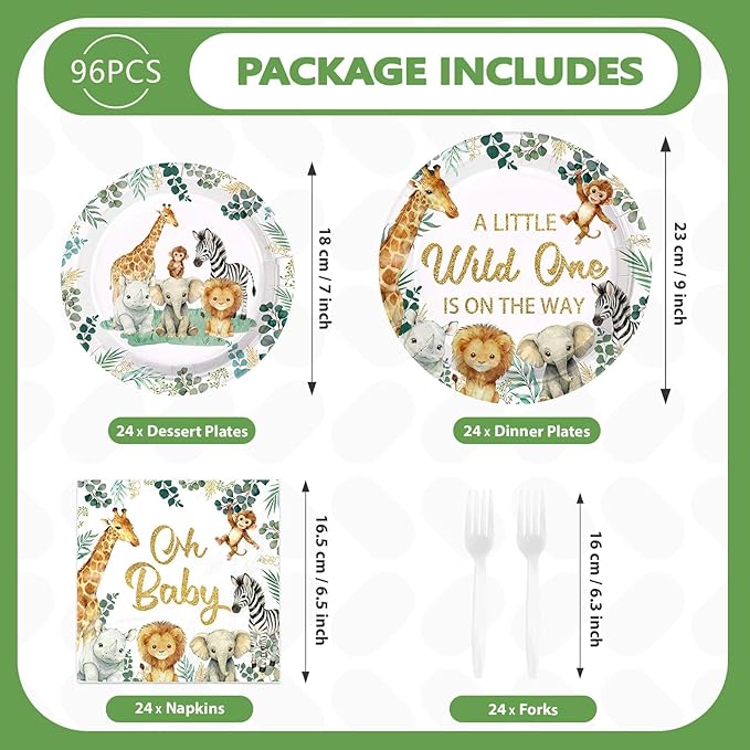 96 Pcs Jungle Safari Baby Shower Decorations Disposable A Little Wild One is on The Way Paper Plates and Napkins Jungle Safari Animals Tableware Set for Welcome Baby Shower Birthday Party Supplies