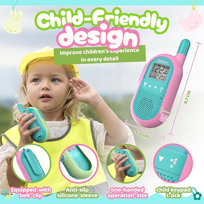 Talkpod Family Walkie Talkies for Kids 2Pack, Christmas Birthday Gifts for 3-12 Year Old Boy Girl Camping Hiking Toy with VOX LCD Backlight Screen 22CH FRS Two Way Radio(Pink+Green)