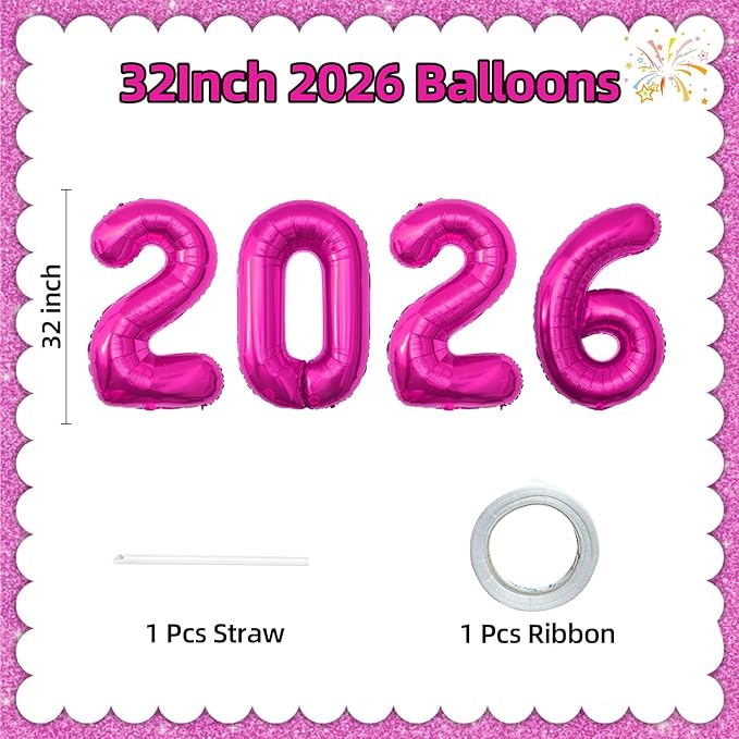 KALOR 32 Inch 2026 Hot Pink Foil Number Balloons, 2026 New Years Decorations for 2026 Happy New Year Eve and Graduations Party Supplies