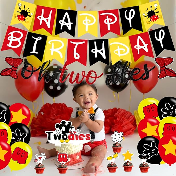 Oh Twodles Banner ,Happy 2nd Birthday Party Decor for Girls Boys - Cartoon Mouse Second 2nd Birthday Theme 2nd Birthday Party Decorations Supplies