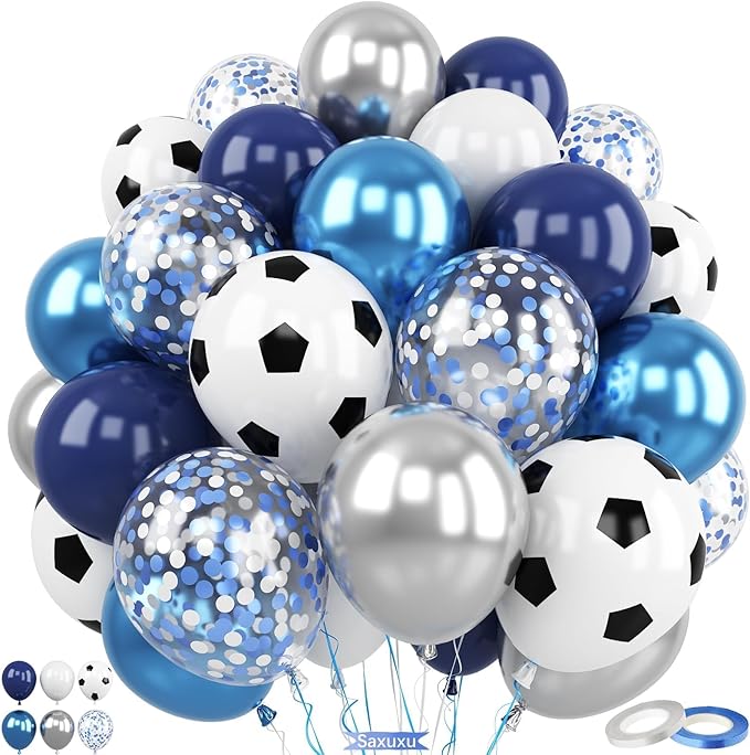 Soccer Balloons, 60Pcs 12 Inch Metallic Blue Silver White Confetti Soccer Party Latex Balloons for Kids Boy Soccer Birthday Sport Party Decorations Sports Baby Shower Graduation Party Supplies
