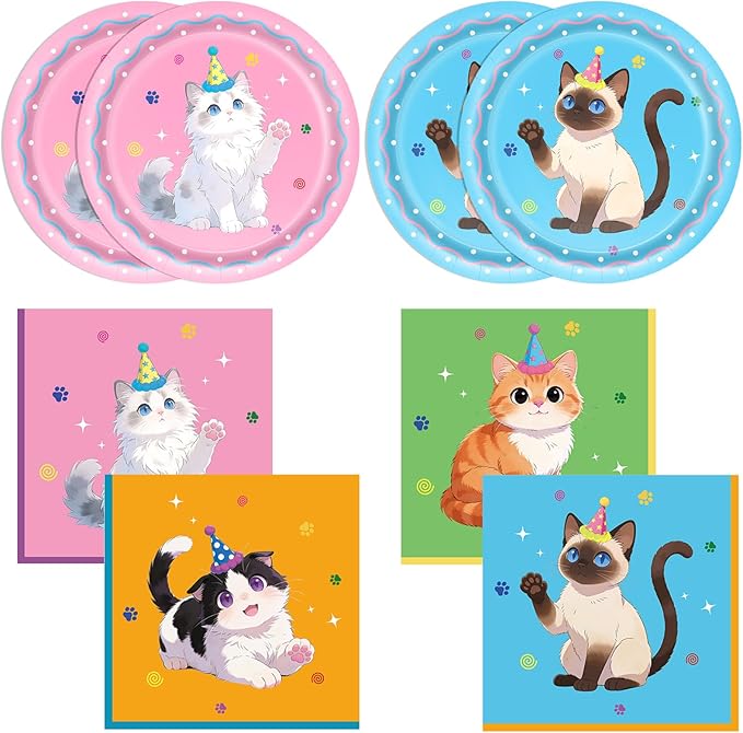 40Pcs Cat Birthday Decorations Tableware Set,Cute Kitten Theme Party Supplies Birthday Plates and Napkins Disposable Table Decor for Baby Shower Kids Birthday Gift,Serve 20 Guests