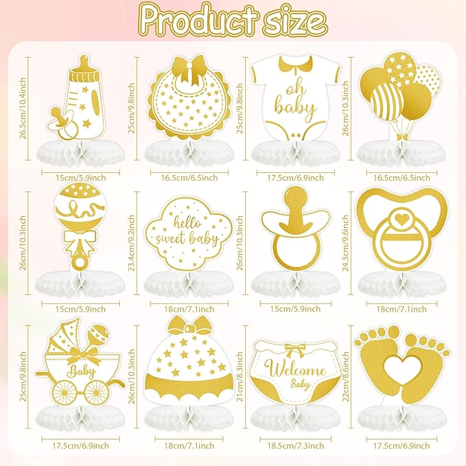 Tarklanda 12 Pcs Baby Shower Decorations Centerpieces Gender Reveal Gold Honeycomb Table Centerpiece for Birthday Party Baby Showers Table Topper Supplies