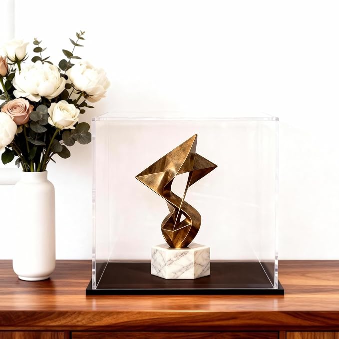 9 Inch Acrylic Case for Display, Clear Display Acrylic Box for Collectibles, Display Case with Matt Black Stand and Lid for Office Home