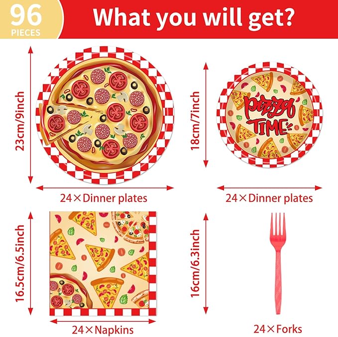 Pizza Plates and Napkins Party Supplies - 96PCS Pizza Birthday Party Decorations Pizza Time Pizza Themed Disposable Tableware Set Serves 24 Guests