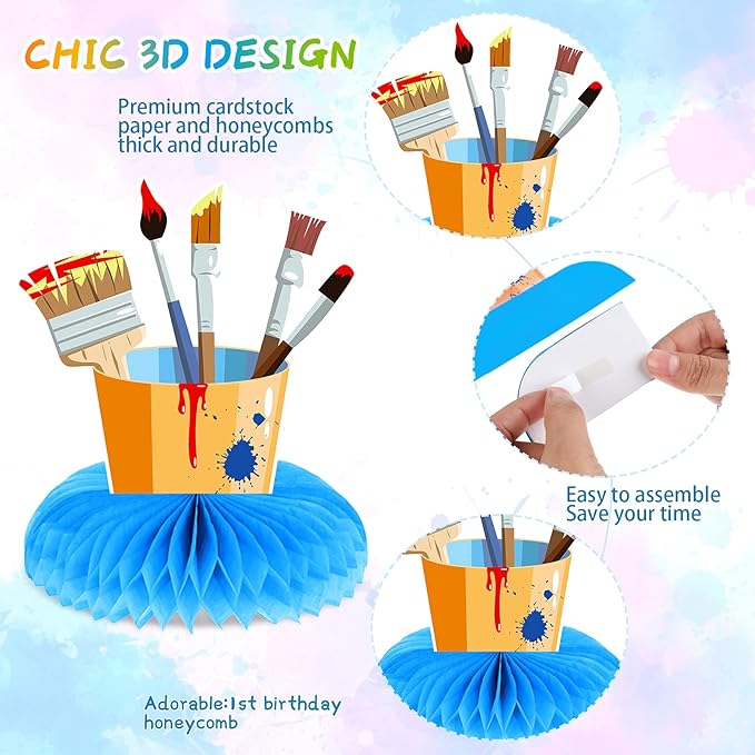 9 Pieces Paint Party Decorations Art Honeycomb Centerpiece Paint Splatter Party Supplies for Art Theme Birthday Baby Shower Decorations