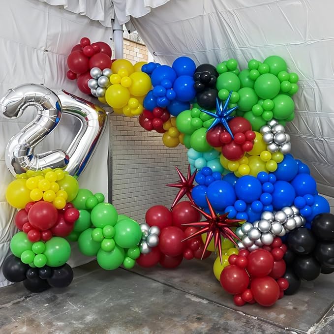 Black and Red Yellow Blue Balloons, 12 Inch Black Red Yellow Blue Green Metallic Silver Confetti Balloons with Star Foil Balloon for Boys Graduation Birthday Baby Shower Party Decorations