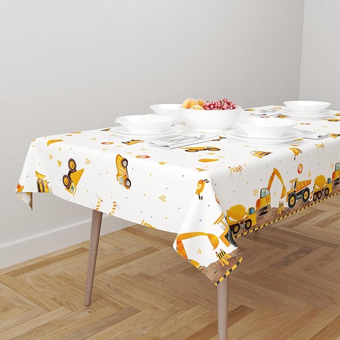 2 Pack Construction Party Tablecloth for Kids, Digger and Excavator Theme Table Cover, 108x54 Inch Truck Birthday Party Decors for Boys, Rectangle Waterproof Table Cloth