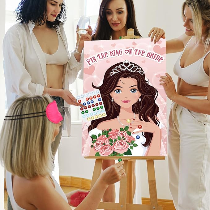 Hxezoc Pin The Ring on The Bride Game - 42 Pcs Rings, Large Bridal Games Poster for Shower, Wedding, Birthday, Carnival Party Supplies