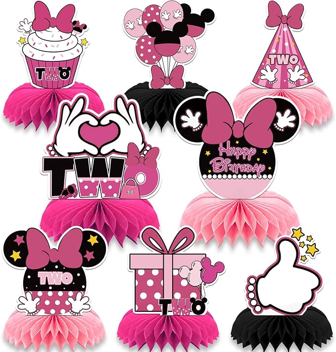 Mouse Table Honeycomb Centerpieces,Pink Cartoon Mouse Themed Table Topper Decor Two Year Old Birthday Party Supplies(8 Pcs)