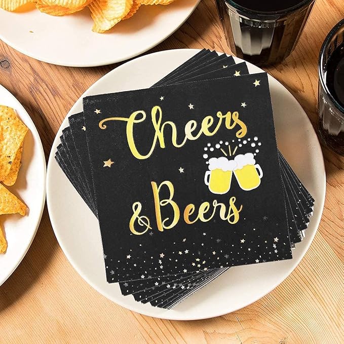 40 Pcs Cheers & Beers Napkins Cheers Beer Party Supplies Disposable Cocktail Napkins Black and Gold Foil Paper Napkins for 30th 40th 50th 60th 70th 80th 90th Birthday Wedding Anniversary Decoration