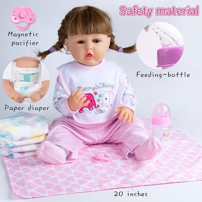 PEDOLLTREE 12 Pcs Reborn Baby Dolls Clothes Girl Pink Elephant Outfit Accessories for 17-22 Inch Reborn Doll Newborn Girl with Pink Heart Bassinet
