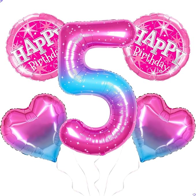 Gradient Number 5 Balloon for Stitch and Angel Birthday Decorations, 40 inch Big Helium Number Balloons for Girls Birthday Party Celebration Decoration Supplies