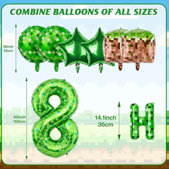 Green Pixel Themed Happy Birthday Banner Party Decorations Set Including 40 Inch Number 8 Foil Balloons, Themed Party Essentials, TNT Pixel Backdrop Supplies for Boys Indoor Outdoor Celebration