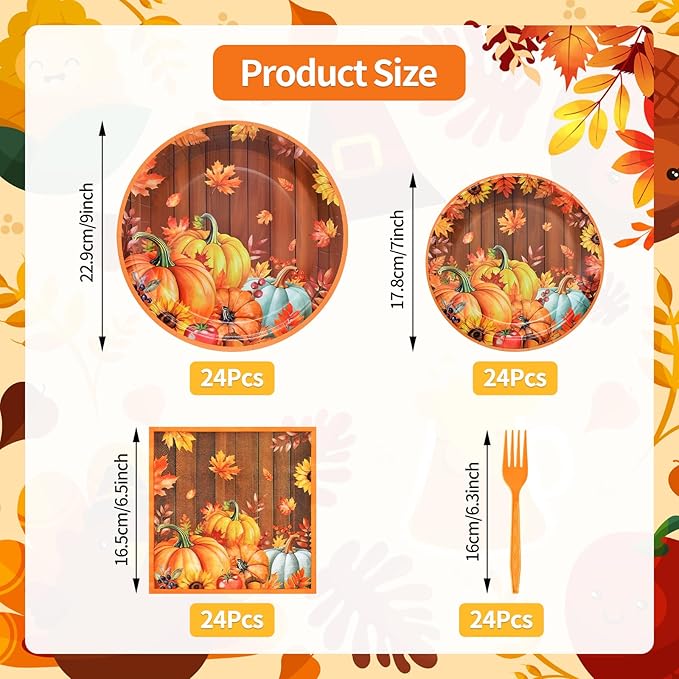 96 Pieces Thanksgiving Pumpkin Tableware Set Party Supplies - Rustic Wood Grain Disposable Dinnerware with Paper Plates, Napkins, Forks for Fall Harvest, Friendsgiving, and Thanksgiving Dinner