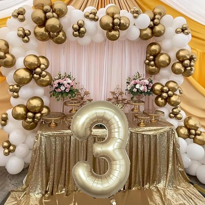 Large Light Gold 3 Balloons, 40 Inch Metallic Champagne Gold Helium Mylar Foil Globos Numero for Boys Girls, Self Inflating 3rd Birthday Balloon for Women Men Anniversary Party Decorations Supplies