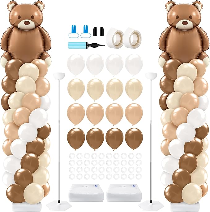 Kasyat 2 Set Bear Balloon Column Stand Kit Bearly Baby Shower Balloon Arch Kit, Bear Baby Shower Decorations with Brown Beige Nude Tan Balloons for Boho Neutral Gender Reveal Birthday Party