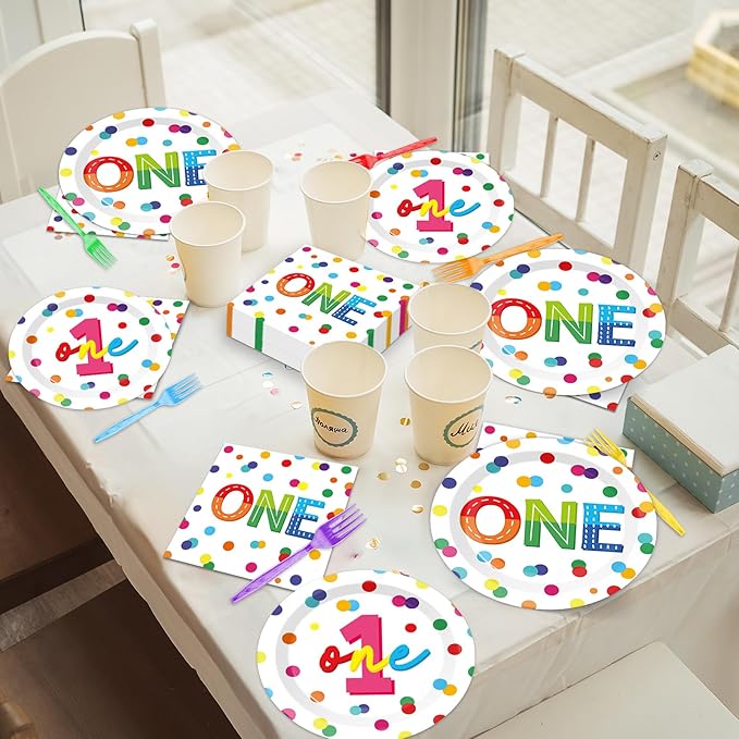 CHUNNIN 96pcs Rainbow 1st Birthday Plates and Napkins Confetti Happy Birthday Party Decorations with Polka Dot Confetti Dessert Plates Colorful 1st Tableware for 24 Guests 1 Year Old Party Supplies