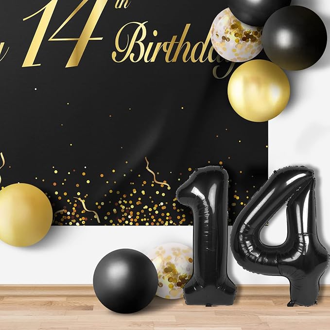 Happy 14th Birthday Balloons Black Set Decor - Cheers to 14 Years Old Party Theme Garland Banner Backdrop Decorations For Boy and Girl Supplies