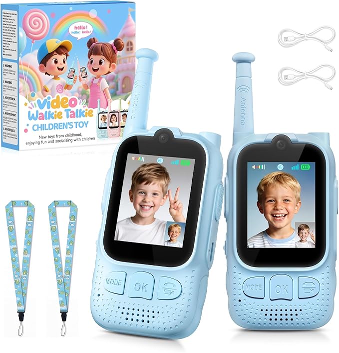 Kids Audio/Video Walkie Talkies, 2 Pack Rechargeable Walkie Talkies for Kids with 2’’ Screen & Camera & Voice Changer, Long Range Boys Girls Toys for Indoor Outdoor Camping Hiking Games (Blue/Blue)