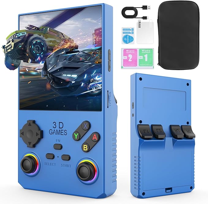 Hugawello R40 MAX handheld device, 40000 in 1 high-definition gaming mini retro video console, 4-inch IPS screen, 256GB RAM, 45 built-in emulators, 3800mAh battery (blue 256GB)