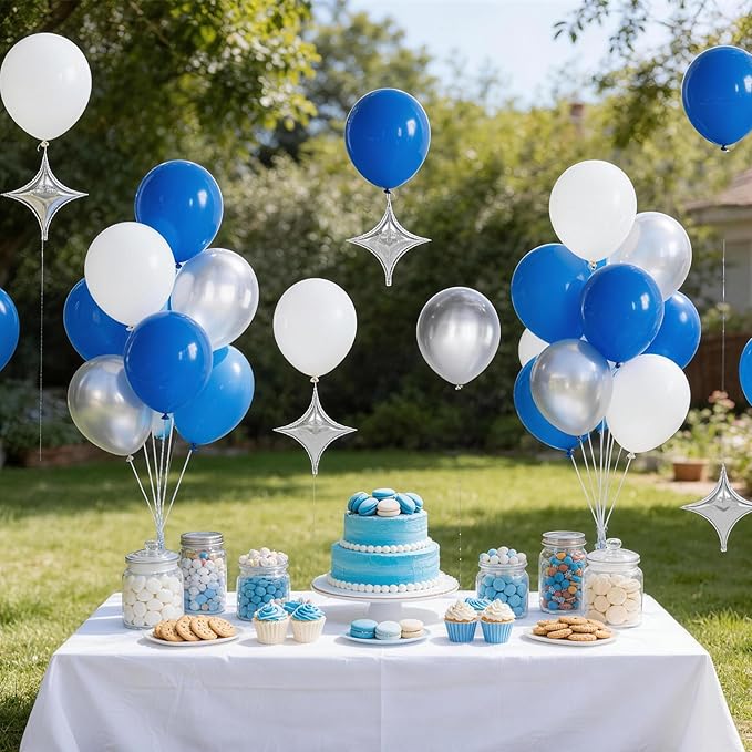 Royal Blue and Silver Balloons for Graduation Party Decorations, 12In Dark Navy Blue and White Balloons with Metallic Silver Star Balloon for Graduation Father's Day Birthday Baby Shower Party Decor