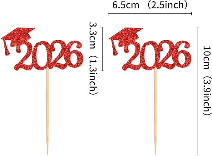 24 Pcs graduation cupcake toppers 2026, Food/Appetizer Picks For Graduation Party Mini Cake Decorations, 2026 Cupcake Toppers(Red)