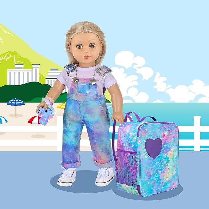 18 Inch Doll Carrier Backpack - Blue and Purple Tie-Dye Style Travel Set with Accessories