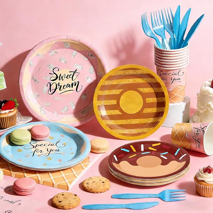 144Pcs Donut Sweet Birthday Party Supplies Decorations Girl Birthday Themed Paper Plates Napkins Vintage Party Tableware Disposable Dinnerware for Girl Kid Baby Shower Table Decor, Serve 24