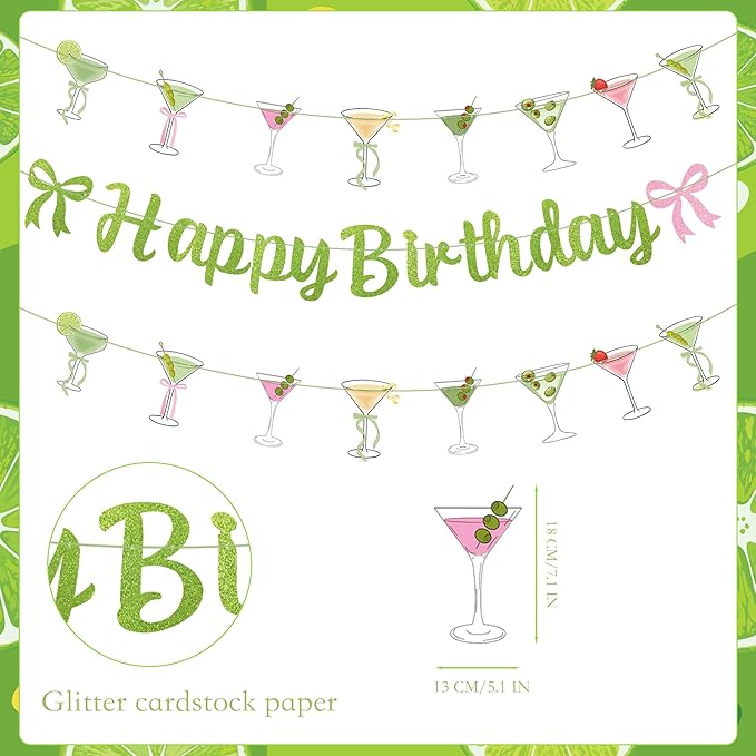 Martini Cocktail Cups Themed Party Decorations - 1pcs Glitter Green Happy Birthday Banner, 2pcs Martini Cocktail Cups Theme Banner Bunting Garlands, 6pcs Martini Themed Hanging Swirls(6 styles)