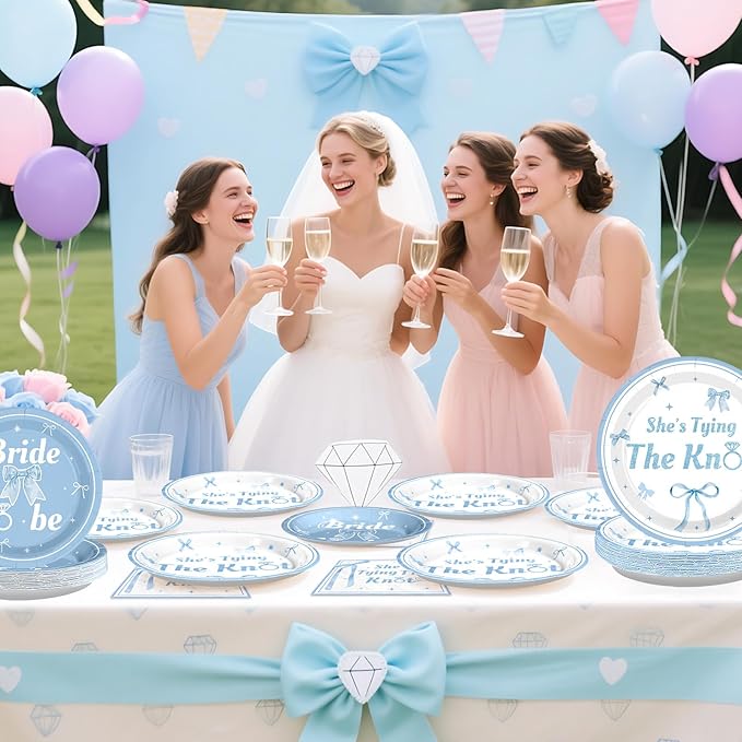 Grencian 96 Pcs Blue Bow Bridal Shower Decorations Blue Bow Bride to Be Party Plates She Tying The Knot Paper Tableware for Bride Groom Bachelorette Party Wedding Engagement Decorations Serves 24