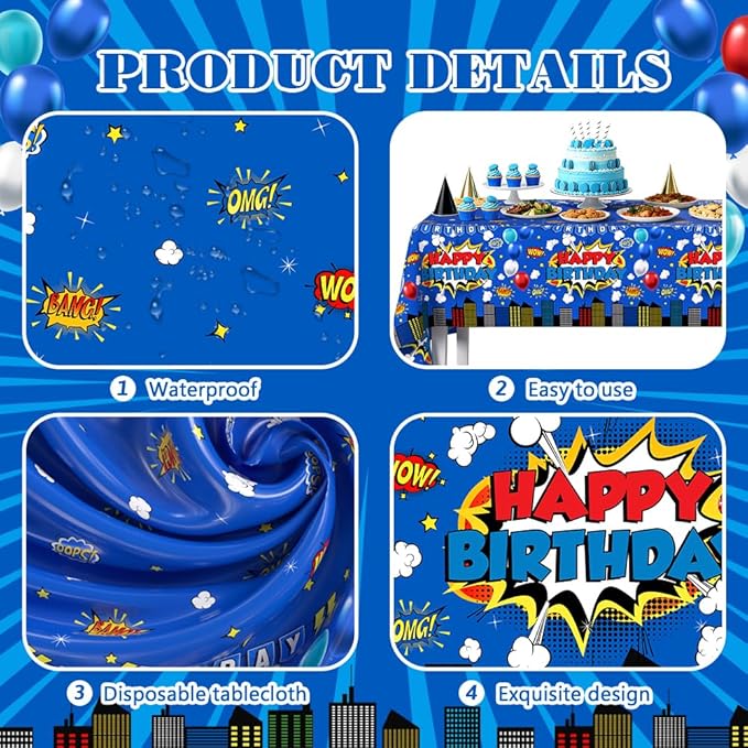 3 Pieces Blue Superhero Birthday Tablecloth for Boy or Girl Super Hero Birthday Party Decorations Supplies Blue Superhero Plastic Table Cloth Disposable Table Covers 108 x 54 Inch