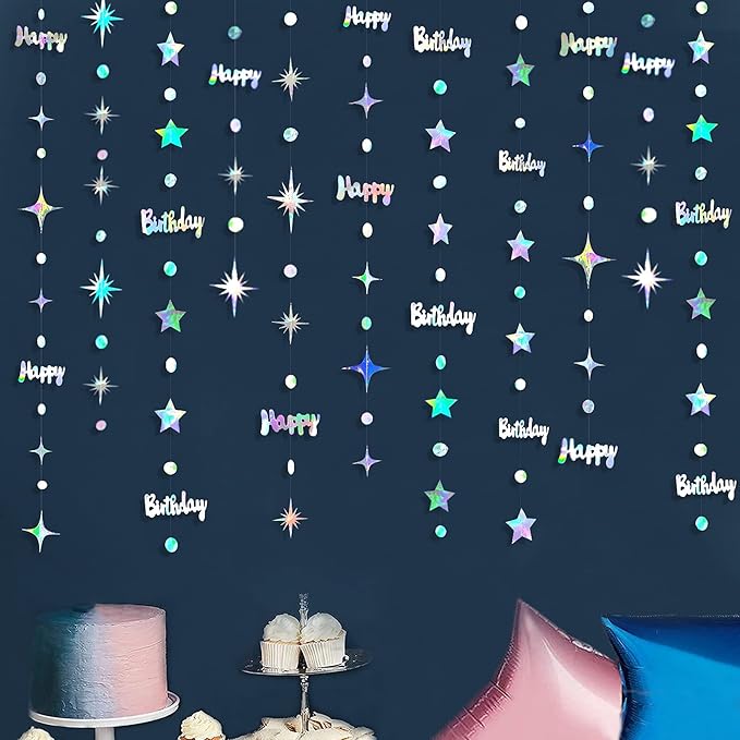 Iridescent Happy Birthday Decorations Happy Birthday Circle Dot Twinkle Star Garland Kit Metallic Holographic Hanging Streamer Bunting Banner Backdrop for Women Mens Kids Birday Party Supplies