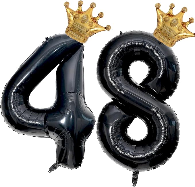 40 inch Large Black 48 Balloon Number with Gold Crown Balloons 48th Birthday Big Foil Mylar Helium Balloon for Women Man 48th Birthday Anniversary Decorations Supplies Favors(Number 48 Balloons）