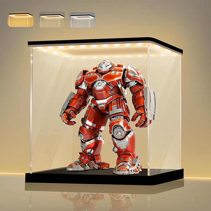 LANSCOERY Acrylic Display Case with Adjustable Yellow/White/Warm LED Light, UV Protection Clear Display Box, Dustproof Showcase for Action Figures, Models, Collectibles - 7.9x7.9x7.9inch