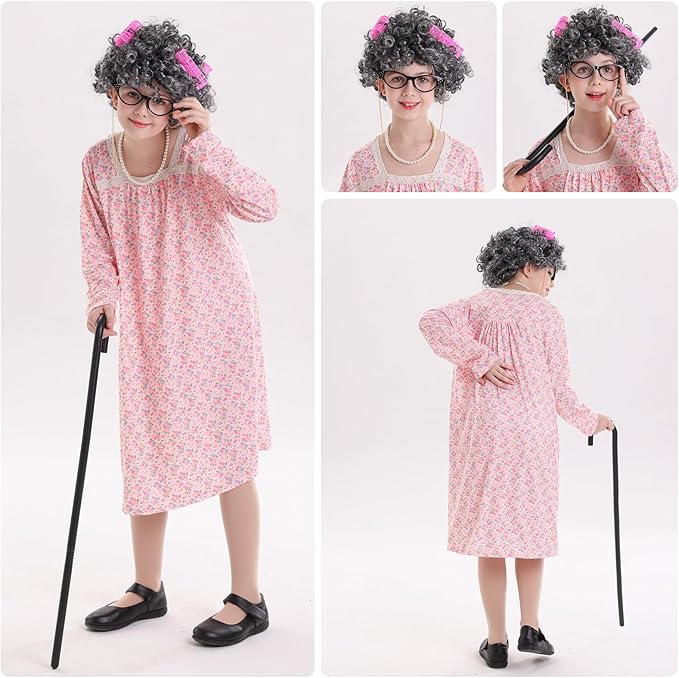 Girls 100th Day of School Costume – Kids Old Lady Granny Dress Outfit with Wig, Glasses, Cane & Accessories,13-Piece