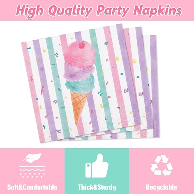 WERNNSAI Ice Cream Party Decorations - 200 PCS Ice Cream Plates Napkins Forks Pink Sweet Themed Birthday Supplies for Kids Girls Birthday Pool Summer Party Serves 50 Guests