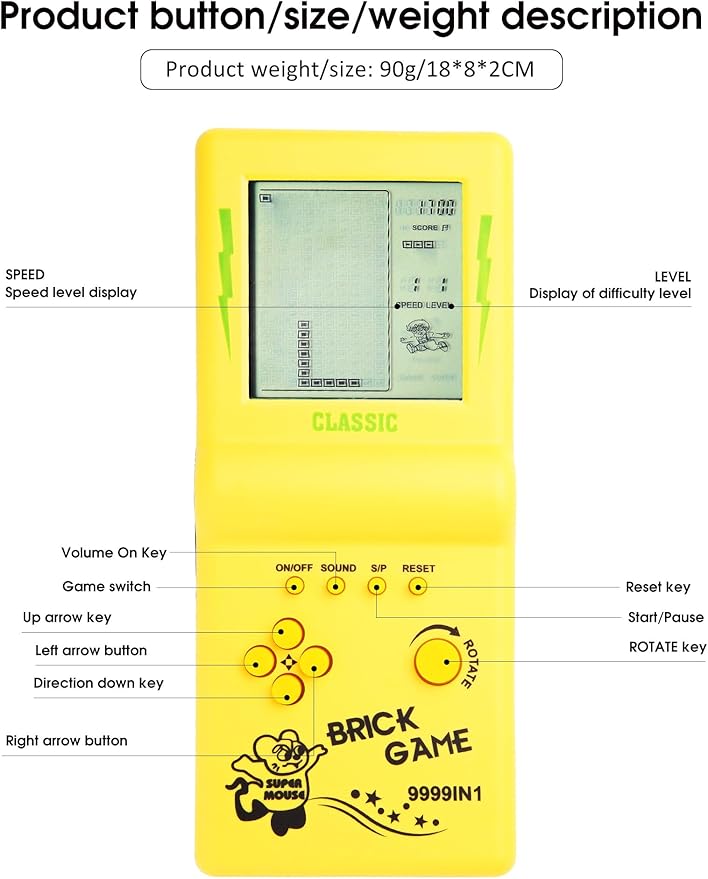 3.5-inch Large Screen Retro Brick Game Console - Built-in 23 Classic Games, Racing & Tank, Nostalgic Puzzle Console (Yellow)